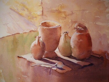 Pintura intitulada "Poteries anciennes" por Pierre Patenet, Obras de arte originais, Aquarela