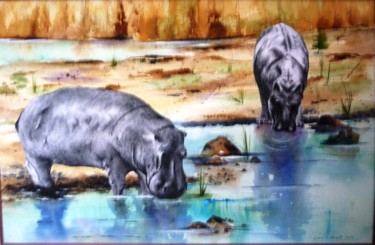 Painting titled "Les hippopotames" by Pierre Patenet, Original Artwork, Watercolor
