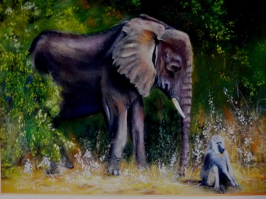 Peinture intitulée "Le babouin et l'élé…" par Pierre Patenet, Œuvre d'art originale, Pastel