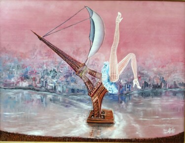 Painting titled "LA TOUR EIFFEL part…" by Pierre Peytavin, Original Artwork, Oil Mounted on Cardboard