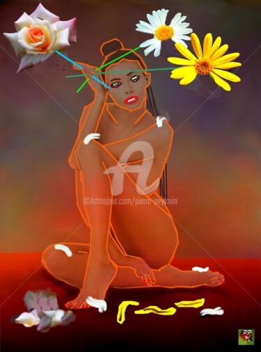 Digital Arts titled "Femme aux fleurs" by Pierre Peytavin, Original Artwork, 2D Digital Work