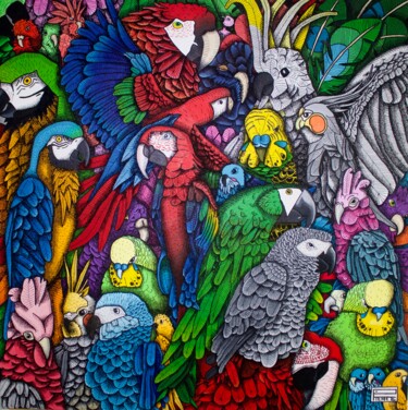 Картина под названием "perroquets" - Pierre Prat, Подлинное произведение искусства, Акрил Установлен на Деревянная рама для…