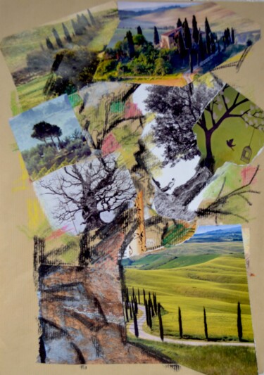 Peinture intitulée ""l'arbre de Toscane…" par Pierre Quentel, Œuvre d'art originale, Collages