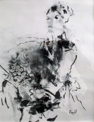 Peinture intitulée "Femme à l'éventail" par Pierre Quentel, Œuvre d'art originale, Encre
