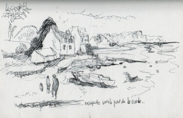 Dessin intitulée "ballade sous le pon…" par Pierre Quentel, Œuvre d'art originale, Stylo à bille