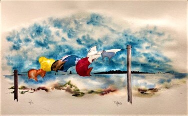 Peinture intitulée "Sèche linge" par Pierre Varési Pierre, Œuvre d'art originale, Aquarelle