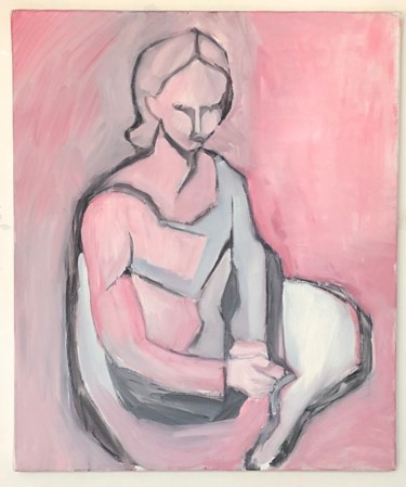 Painting titled "Femme assise" by Pierre Vassal, Original Artwork, Oil Mounted on Wood Stretcher frame