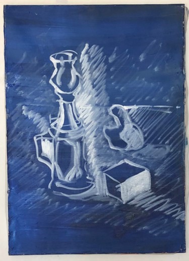 Peinture intitulée "Nature morte, bleu…" par Pierre Vassal, Œuvre d'art originale, Huile Monté sur Châssis en bois