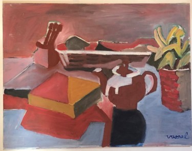 Painting titled "Nature morte, plant…" by Pierre Vassal, Original Artwork, Oil Mounted on Wood Stretcher frame