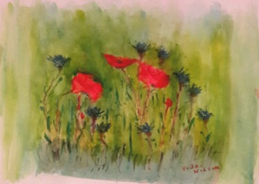 Painting titled "Coquelicots et Bleu…" by Pierre Verhelst (PEDRO NELSON), Original Artwork, Watercolor