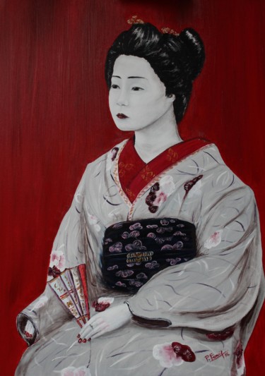 Painting titled "japonaise éventail" by Pierre Fénié, Original Artwork, Oil