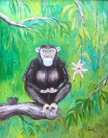 Painting titled "Chimpanzé Zen" by Pierre Fénié, Original Artwork, Oil