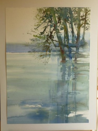 Painting titled "Reflets sur l'étang" by Pierre Feyeux, Original Artwork, Watercolor