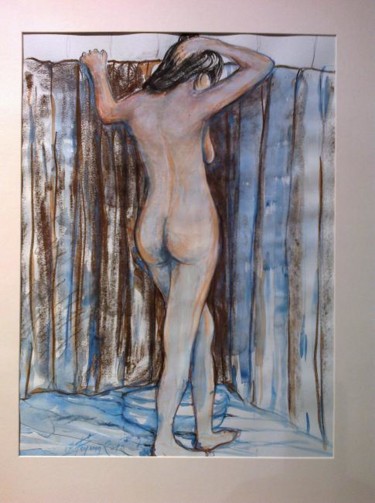 Peinture intitulée "Le modèle au rideau…" par Pierre Feyeux, Œuvre d'art originale, Huile