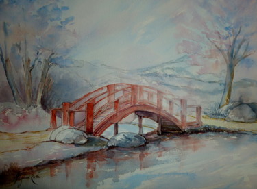 Peinture intitulée "Passer le pont" par Pierre Feyeux, Œuvre d'art originale, Aquarelle
