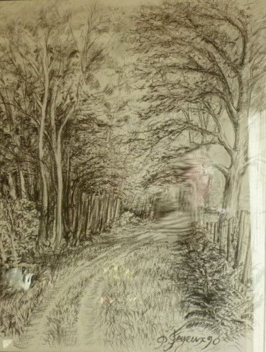 Dessin intitulée "Chemin forestier à…" par Pierre Feyeux, Œuvre d'art originale, Fusain