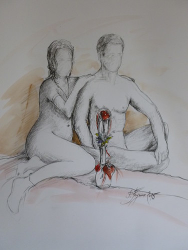 Dessin intitulée "COUPLE ST VALENTIN…" par Pierre Feyeux, Œuvre d'art originale, Encre