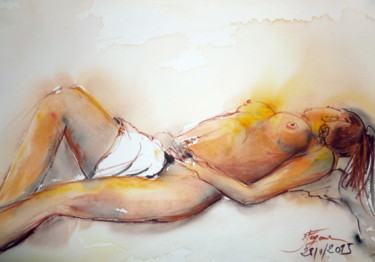 Peinture intitulée "Charlène allongée e…" par Pierre Feyeux, Œuvre d'art originale, Aquarelle