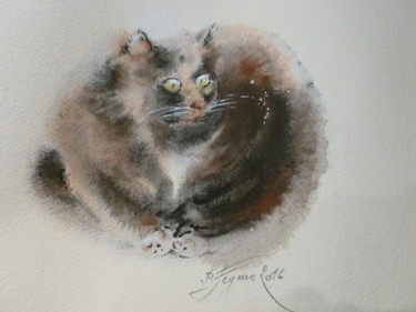Painting titled "LAURA notre chatte" by Pierre Feyeux, Original Artwork, Watercolor