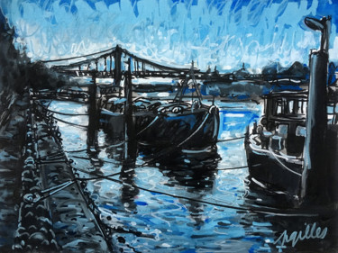 Painting titled "Péniches quai du rh…" by Gilles Pierre, Original Artwork, Acrylic