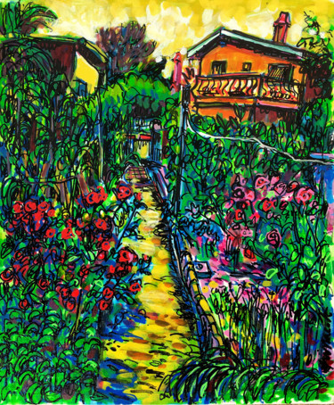 Malerei mit dem Titel "Jardin à Lyon" von Gilles Pierre, Original-Kunstwerk, Acryl