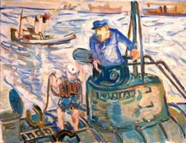 Peinture intitulée "le Korrigan à quai…" par Pierre Jean Delpeuc'H, Œuvre d'art originale
