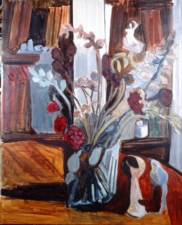 Peinture intitulée "Bouquet sur table b…" par Pierre Jean Delpeuc'H, Œuvre d'art originale, Huile
