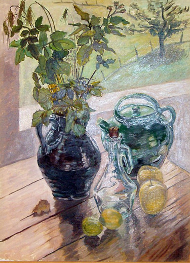 Peinture intitulée "Bouquet et champ au…" par Pierre Jean Delpeuc'H, Œuvre d'art originale, Huile