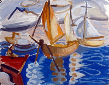 Peinture intitulée "Porquerolles bateaux" par Pierre Jean Delpeuc'H, Œuvre d'art originale, Gouache