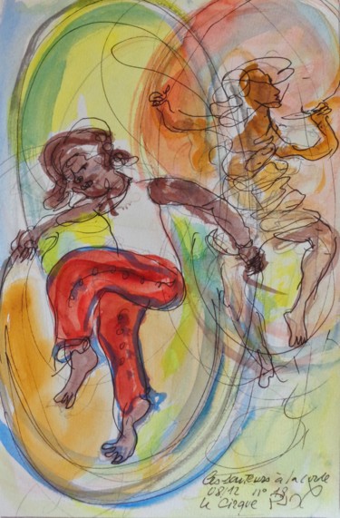 Peinture intitulée "les sauteurs à la c…" par Pierre Jean Delpeuc'H, Œuvre d'art originale, Aquarelle