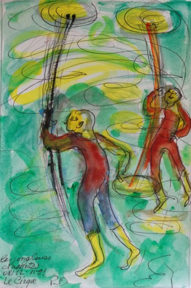 Peinture intitulée "les jongleurs d'ass…" par Pierre Jean Delpeuc'H, Œuvre d'art originale, Aquarelle