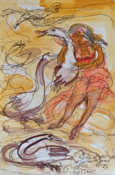 Peinture intitulée "Leda et les cygnes…" par Pierre Jean Delpeuc'H, Œuvre d'art originale, Aquarelle