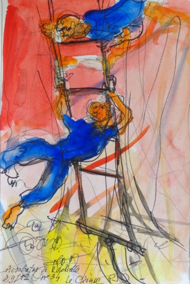 Peinture intitulée "acrobates à l'echel…" par Pierre Jean Delpeuc'H, Œuvre d'art originale, Aquarelle