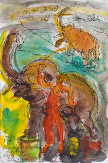 Peinture intitulée "jeunes elephants ac…" par Pierre Jean Delpeuc'H, Œuvre d'art originale, Aquarelle