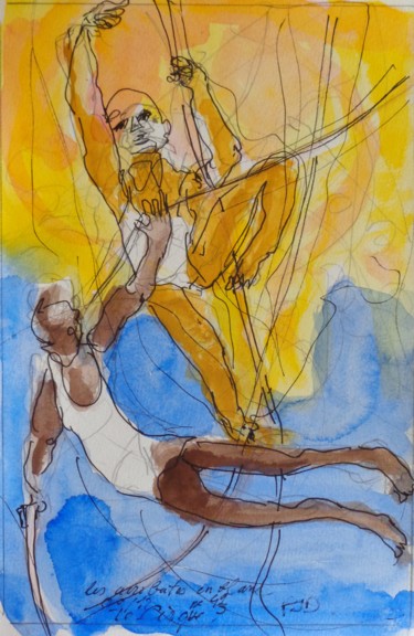 Peinture intitulée "Les acrobates en bl…" par Pierre Jean Delpeuc'H, Œuvre d'art originale, Aquarelle