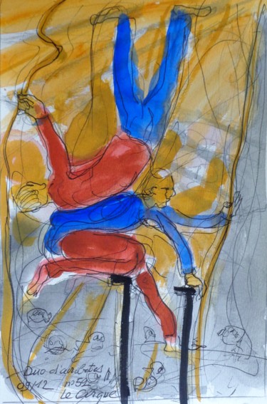 Peinture intitulée "duo d'acrobates" par Pierre Jean Delpeuc'H, Œuvre d'art originale, Aquarelle