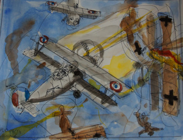 Peinture intitulée "combat aerien 6" par Pierre Jean Delpeuc'H, Œuvre d'art originale, Aquarelle