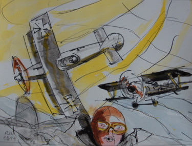 Peinture intitulée "combat aérien 2" par Pierre Jean Delpeuc'H, Œuvre d'art originale, Aquarelle