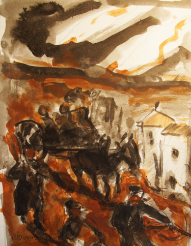 Peinture intitulée "village detruit" par Pierre Jean Delpeuc'H, Œuvre d'art originale, Encre