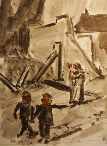 Peinture intitulée "enfants belges" par Pierre Jean Delpeuc'H, Œuvre d'art originale, Encre