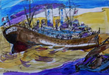 Peinture intitulée "Le navire arrivait…" par Pierre Jean Delpeuc'H, Œuvre d'art originale, Encre