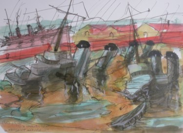 Peinture intitulée "2 torpilleurs coulés" par Pierre Jean Delpeuc'H, Œuvre d'art originale