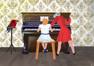 La leçon de piano Digitale Künste mit dem Titel "La leçon de piano" von Pierrette Hofmann, Original-Kunstwerk, Digitale Malerei