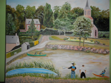 Painting titled "plan d'eau" by Pierrette Kuhn, Original Artwork, Oil