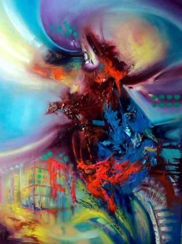 Peinture intitulée "Abstract city" par Pierrick Her, Œuvre d'art originale, Huile