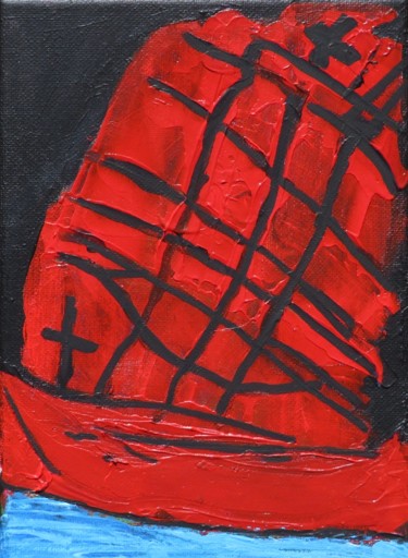 Painting titled "Red Boat in Ocean" by Pedro Silvestre, Original Artwork, Acrylic