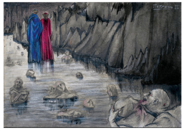 「Série Inferno, CANT…」というタイトルの絵画 Pietro Di Pompeiiによって, オリジナルのアートワーク, グラファイト ウッドパネルにマウント