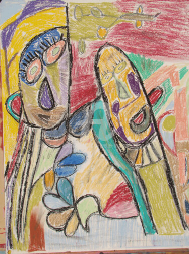 Drawing titled "Les confidents" by Gomard, Original Artwork, Pastel