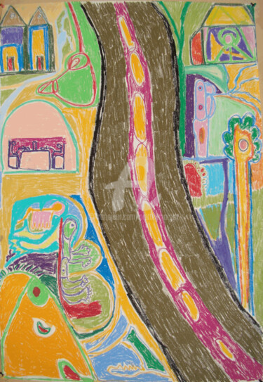 Dessin intitulée "La route des vacanc…" par Gomard, Œuvre d'art originale, Pastel