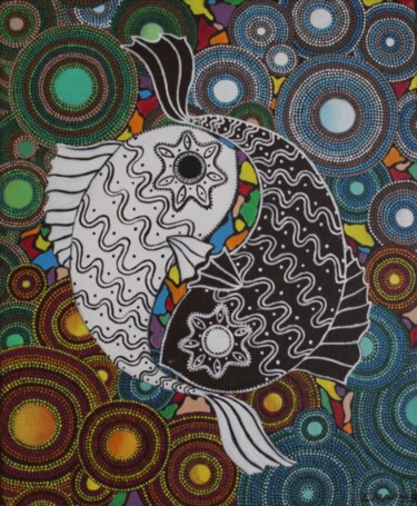 Pintura titulada "yin-yang-les-4-elem…" por Liliane Rafales-Richard, Obra de arte original, Acrílico